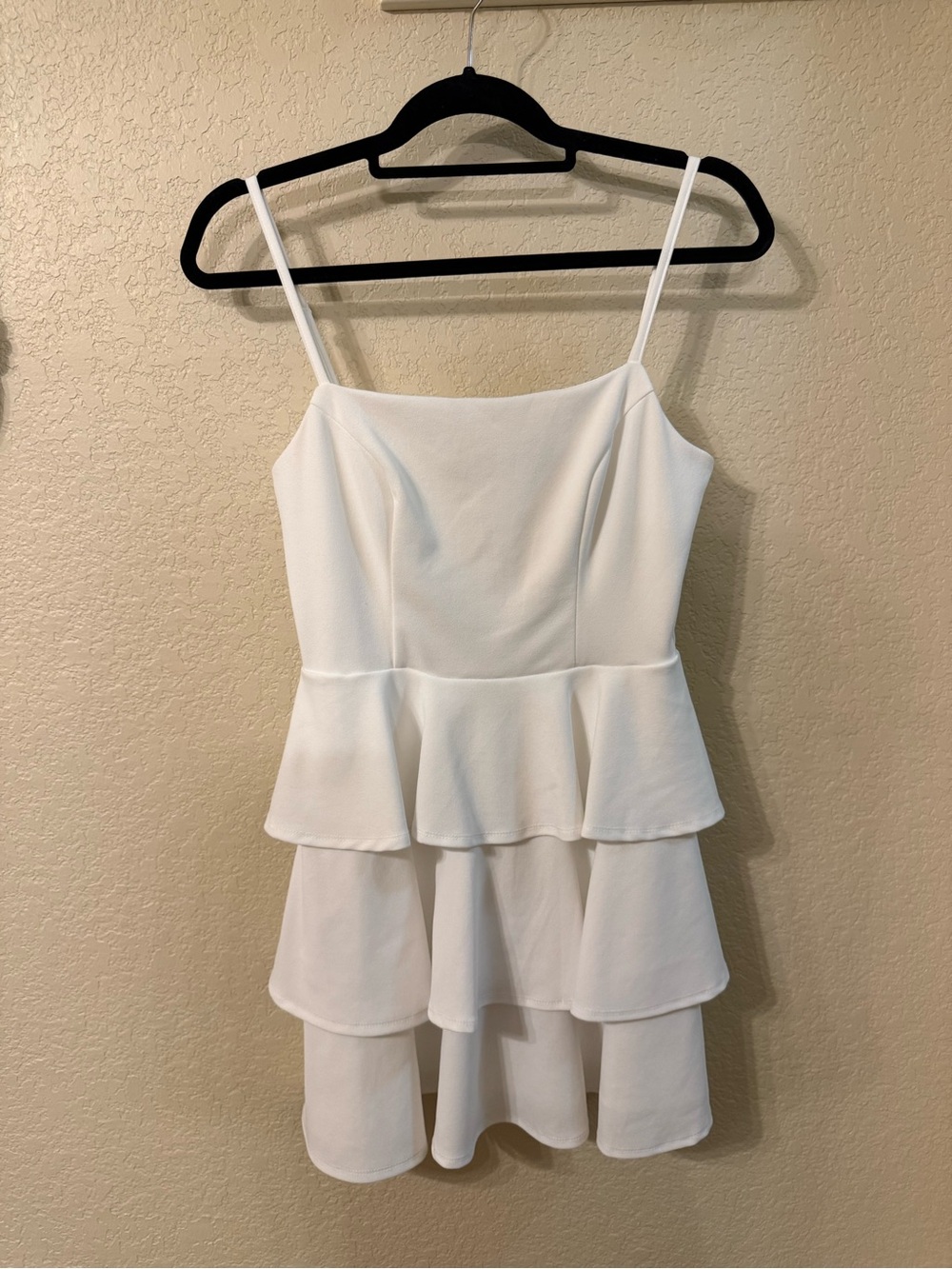 White Tiered Peplum Mini Dress with Spaghetti Straps